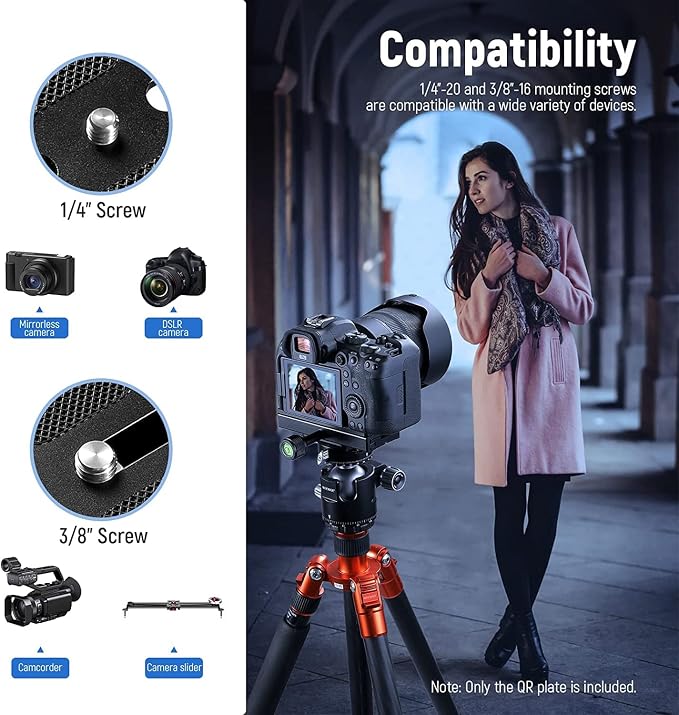NEEWER Quick Release Plate with Clamp Adapter Set, 120mm QR Plate with Clamp, 3/8"&1/4" Screw, Bubble Level, 3/8” to 1/4” Screw Adapter, Compatible with Arca Swiss Tripod Monopod Ball Head - Image 3