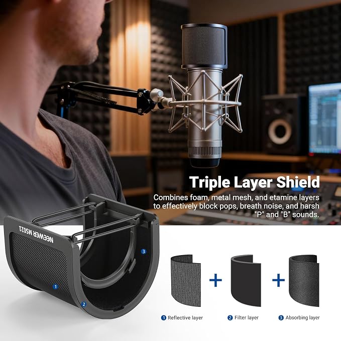 NEEWER Pop Filter for Microphones, Triple Layer Isolation Shield for 35-55 mm Diameter Mics, Windscreen Cover for Podcast Streaming Voice Over Singing Studio Recording, MS021 - Image 2