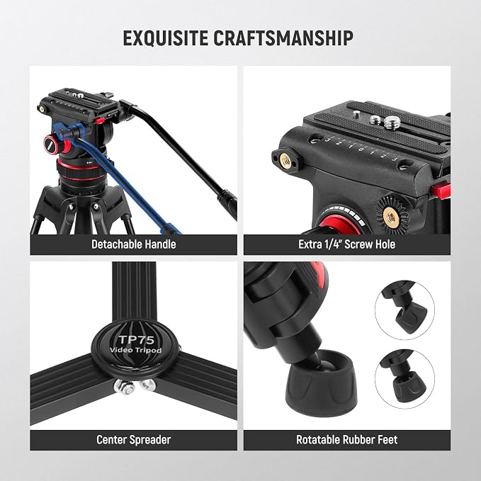 NEEWER 74" Video Tripod with Adjustable Damping Fluid Head, TP75 | Metal, Heavy Duty, Dual-Mode QR Plate, Compatible with DJI RS Gimbals, Flexible 360° Pan, +90°-75°Tilt, Max Load 22lb/10kg - Image 8