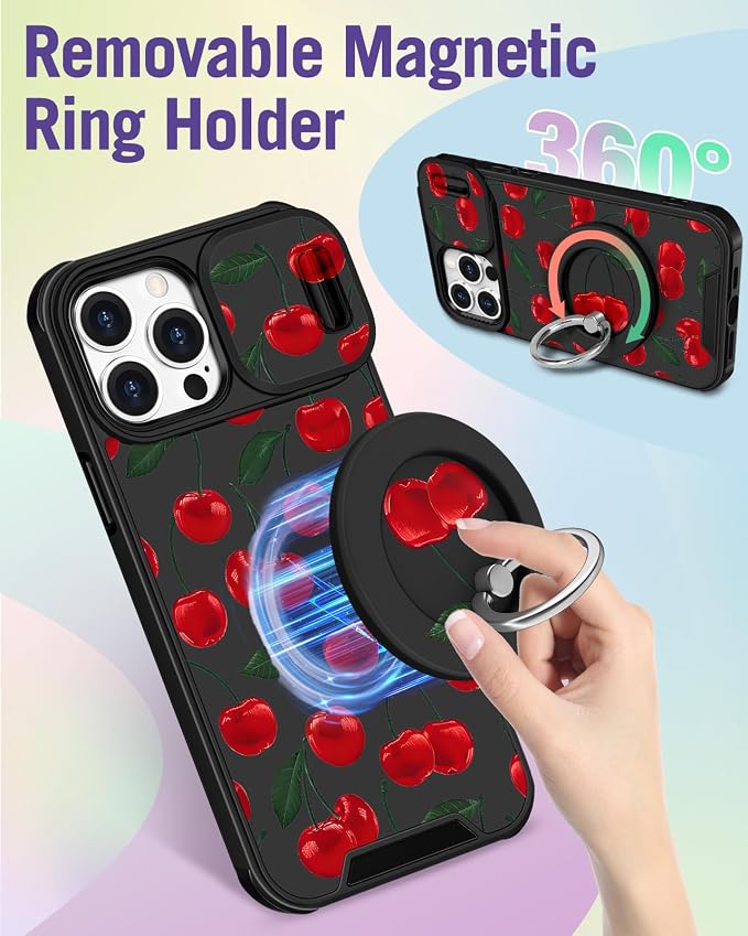 Buleens for iPhone 15 Pro Case 6.1 Inch - with Ring Stand & Camera Cover Aesthetic Cute Designed for Women Girls Girly Kawaii Cherry for Phone Case for iPhone 15 Pro Compatible with Magsafe - Image 5