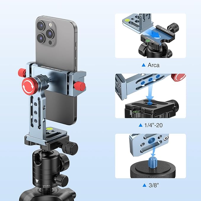 Phone Tripod Mount Aluminum Alloy, 360° Rotatable Phone Stand Holder Clamp with Cold Shoe and Arca Base Compatible with iPhone 15 Pro Max Galaxy S24 Ultra Pixel & 2.5"-4" Wide Smartphones - Image 2