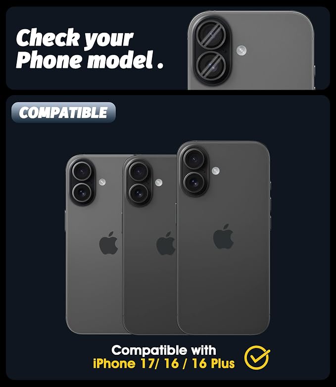Orzero (3 Sets) Camera Lens Protector Compatible for iPhone 17 6.3”/16 6.1”/16 Plus 6.7“, Protector de Cámera One-Step Installation Tray Individual Metal Ring Glass Cover Case Friendly - Grey - Image 2