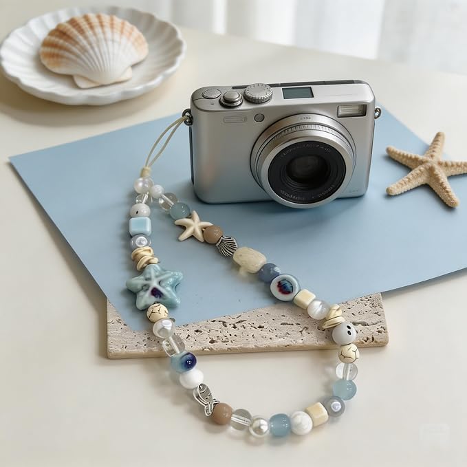 2 Pcs Phone Charm Strap Hand Wrist Strap Camera Lanyard Pearl Beaded Cute Chain String Accessories Universal for iPhone 17 Pro Max 16 15 14 for Samsung Women Girls Keychain Summer Ocean Star and Shell - Image 3