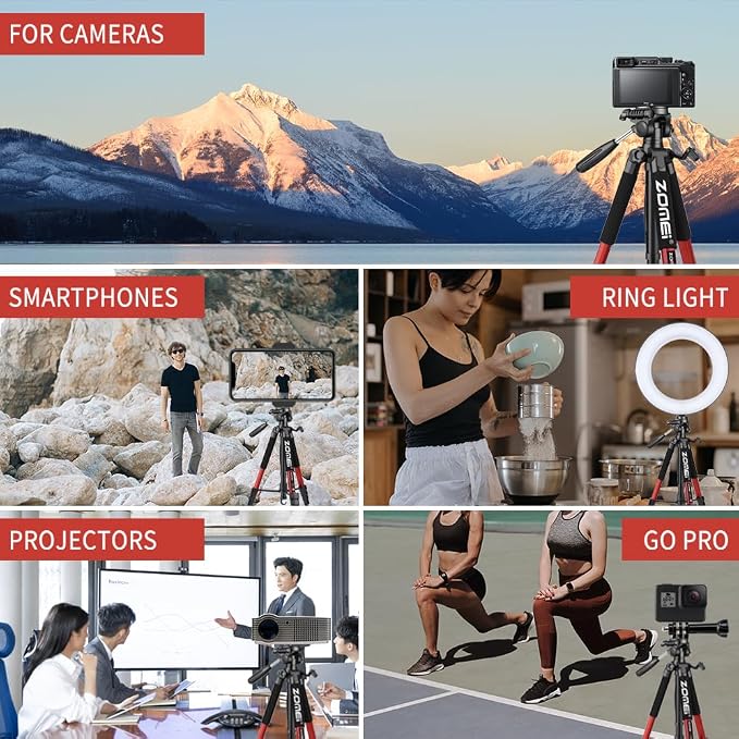 Camera Tripod, 74" Tripod for Camera Stand, Heavy Duty Tripod with Travel Bag for Projectors, Lasers, DSLR, Webcam, Aluminum Phone Tripod for Video Recording Photo Vlogging(Red) - Image 7