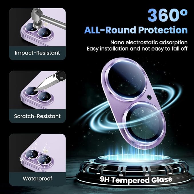 Uyiton for iPhone 17 Camera Lens Protector, Metal Frame Glass Cover | Not Easy to Break, Strong Adsorption, Case-Friendly, Metal 9H Sapphire Glass Rear Camera Screen Cover, Lavender - Image 2