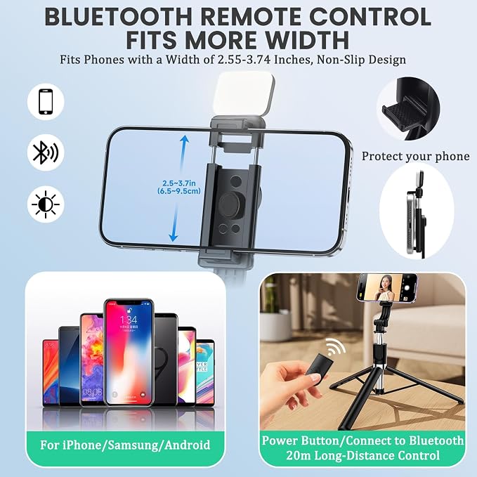 67Inch Extendable Phone Selfie Stick with Wireless Remote, Tripod Stand and Fill Light, Portable, for Photograph, Live Streaming, Video Recording, Compatible with iPhone Samsung Android Gopro - Image 2