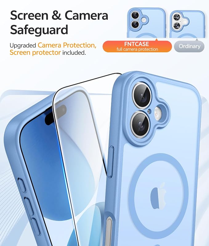 FNTCASE for iPhone 17 Case, Compatible with Magsafe, Glass Screen Protector | Full Camera Protection, Translucent Matte, 14FT Military Grade Drop Proof, Shockproof Protective Phone Cover, Light Blue - Image 4