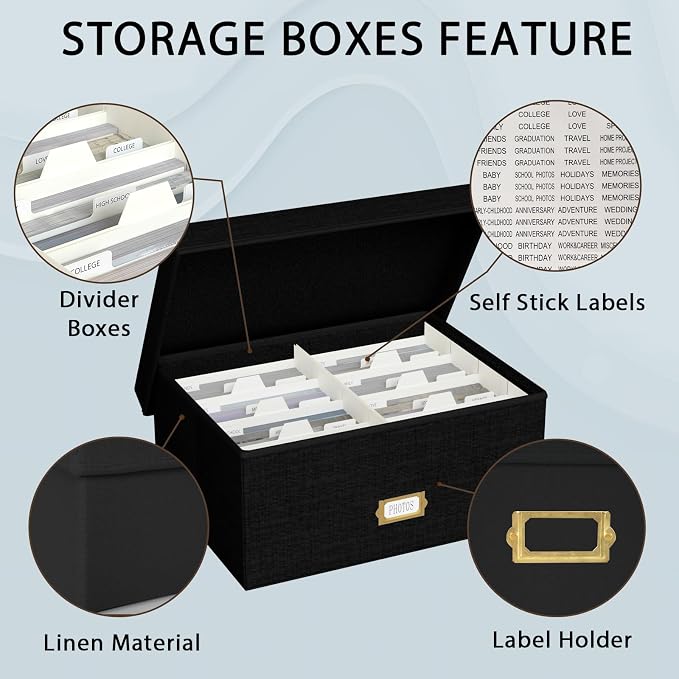 Decorative Photo Storage Box, Linen Photo Box Holds 1700 5x7 Pictures Black | Photo Storage Containers with 8 Dividers, Memory Keepsake Organizer for Photos, Scrapbook Supplies, Cards, Stamps,Archive Box - Image 3