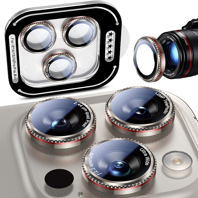 Uyiton for iPhone 17/16/15/14 (Pro Max & Pro) Camera Lens Protector | Unique Lines Text Design, Case-Friendly, Military-Grade Sapphire Glass Metal Camera, Easy to Install, Gearwheel Gray+Red by Uyiton