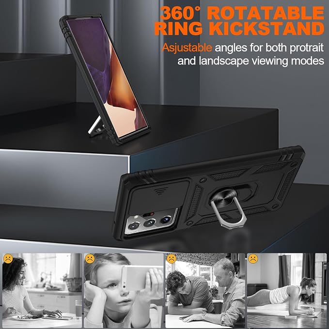 for Samsung Galaxy Note 20 Ultra Case with Screen Protector*2, Note 20 Ultra Phone Case Build in 360° Rotating Ring Kickstand, Military Grade Protective Cover for Note 20 Ultra Phone Black - Image 8