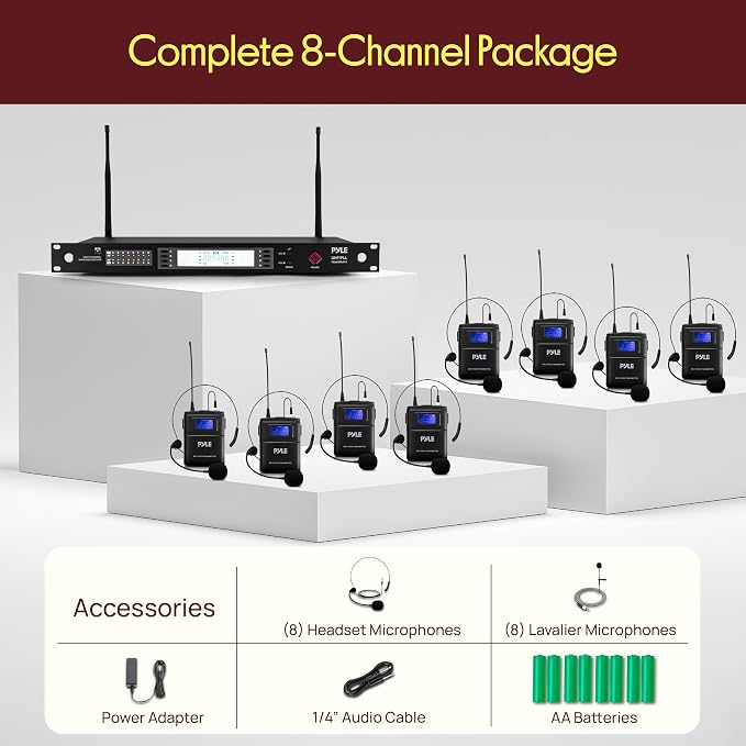 Pyle 8 Channel UHF Wireless Conference Microphone System with 8 Lavalier & 8 Headset Mics, 300 Ft Range, Rack Mount Receiver & 100 Selectable Frequencies for Meetings & Events - Image 7