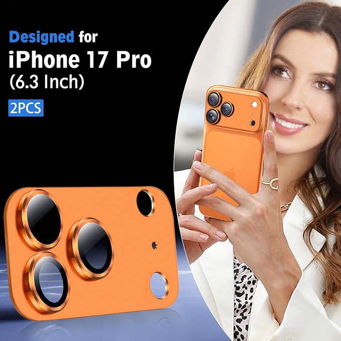 SiHPuoy 2pcs Camera Lens Protector for iPhone 17 Pro, Tempered Glass,Orange | 9H+ Hardness, Military Grade Shatterproof, Anti-Scratch, Case Friendly, HD Metal Camera Cover, Does not Affect Night Shots - Image 2