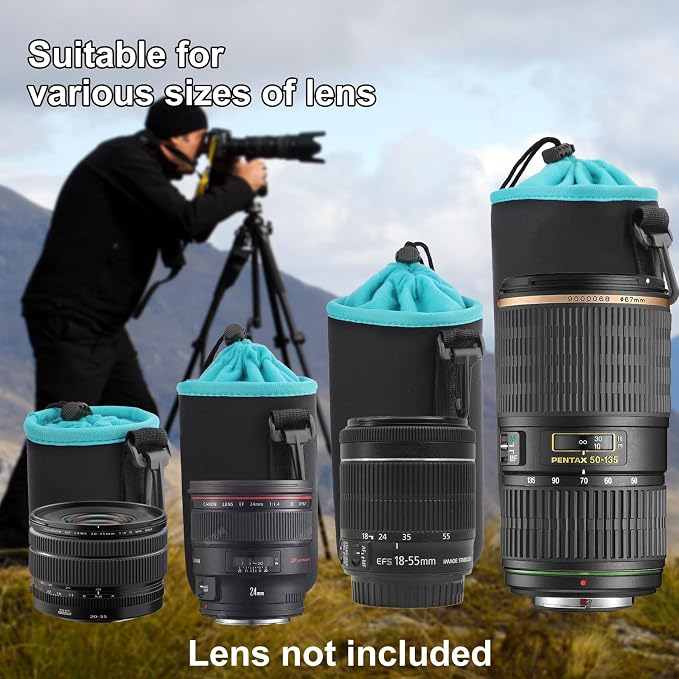 4Pcs Camera Lens Case Bag,4 Sizes Blue Water Resistant Protective Lens Pouch Set With Adjustable Drawstring Rotating Clamp,Replacement Compatible Thick Protective Neoprene for Canon,Nikon,Sony,Pentax - Image 6