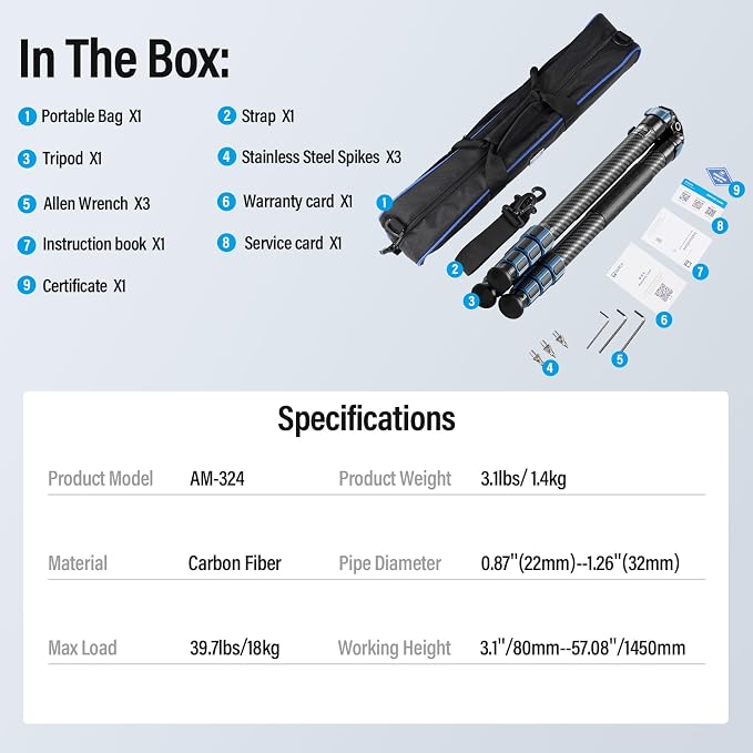 SIRUI AM-324 Carbon Fiber Camera Tripod 57", 32mm Tube, Max 20KG | 4-Section Legs, DSLR, Mirrorless Camera, Compact Design, Lightweight, Stable Support, Travel, Outdoor Photography - Image 9