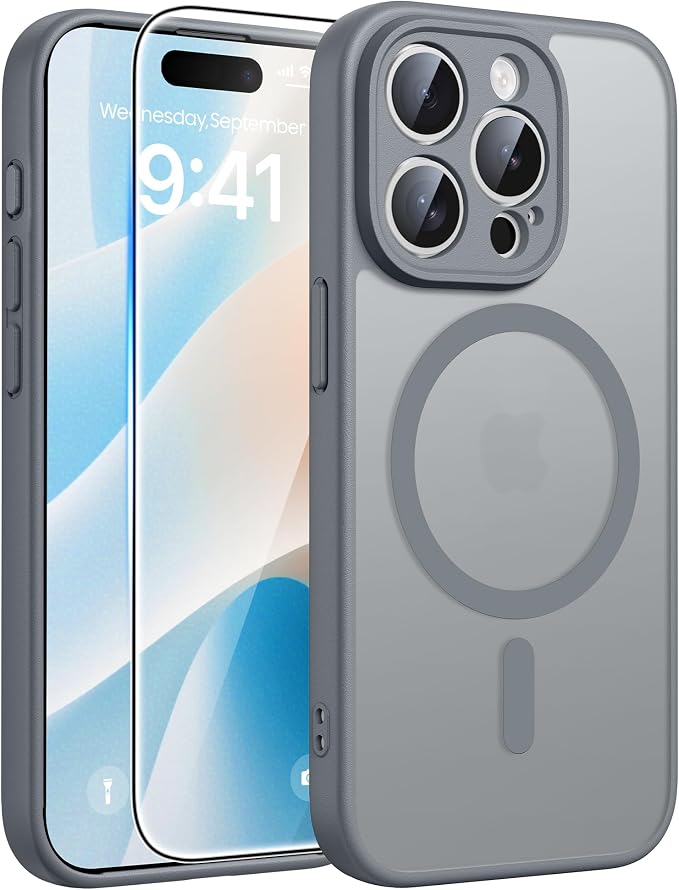 FNTCASE for iPhone 15 Pro Case, Fit for Magsafe, Screen Protector, Gray | Full Camera Protection, Translucent Matte, 14FT Military Grade Drop Proof, Shockproof Protective Phone Cover by FNTCASE