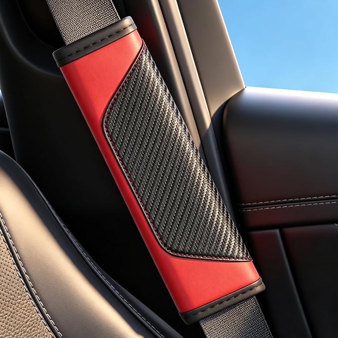 Carbon Fiber PU Leather Seat Belt Covers - 2Pcs, Black and Red Sporty Seat Belt Pads, Universal Fit for Car Truck SUV - Image 5