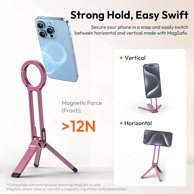 ULANZI MA30 Magnetic Phone Tripod Stand for iPhone - Aluminium Maglock Smartphone Mini Tripod Pocket Cell Phone Stand Strong Magnet Quick Mount Compatible with iPhone 17 16 15 14 13 12 Series, Pink - Image 5