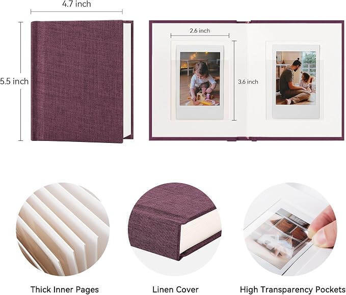 Instax Mini Photo Album with Writing Space, Linen Cover, Purple | Compatible with 2x3 inch & Polaroid Pictures, 28 Recessed Clear Pockets, Wedding Guest Book and Family Memories - Image 2
