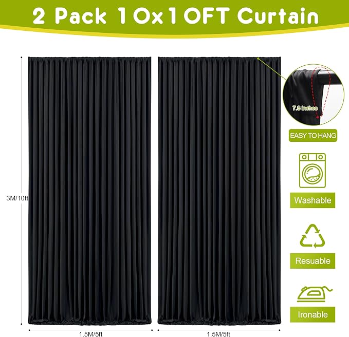 Black Backdrop Curtain for Parties Backdrop Drapes, 2Pack 10x10FT | Wrinkle Free Polyester Curtain Backdrop Draping Fabric for Backdrop Photoshoot Birthday Party Background,4 Panel 5x10FT - Image 2