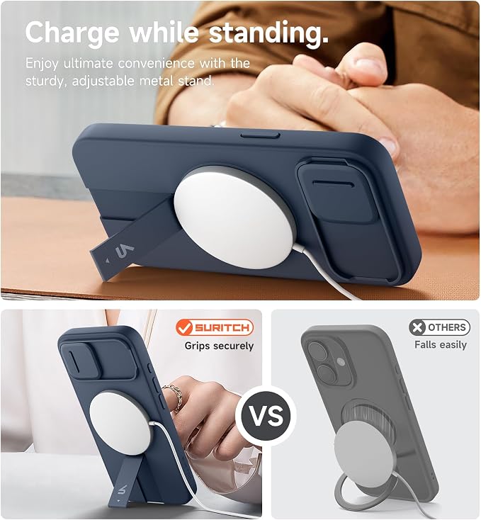 SURITCH for iPhone 17e/16e Case with Magnetic Camera Slide Cover and Adjustable Kickstand, Compatible with MagSafe, Shockproof Bumper Case Slim Protective Cover 6.1 Inch,Blue - Image 5