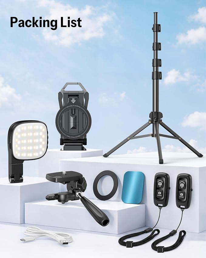OMOTON TP02-Pro-PK 65" Magnetic Phone Tripod Kit with Fill Light & 2 Remote | Arca-type Base with a 1/4" Screw Hole, Adjustable Height, 10-level Adjustable Brightness, USB-C Charging, for iPhone 12-17 - Image 8