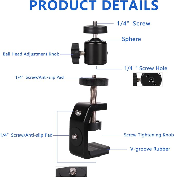 C Clamp Camera Clamp Mount with 1/4" Screw for Photo Studio Video DSLR,Cameras, Light Stand, Desk, Rods, Hooks, Shelves, Cross Bars - Image 6