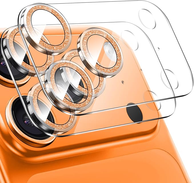 2 Pack for iPhone 17 Pro Max Camera Lens Protector | Bling Tempered Glass 9 Hardness,Anti-Scratch High Definition Camera Screen Protector (Orange) by NECARSIN