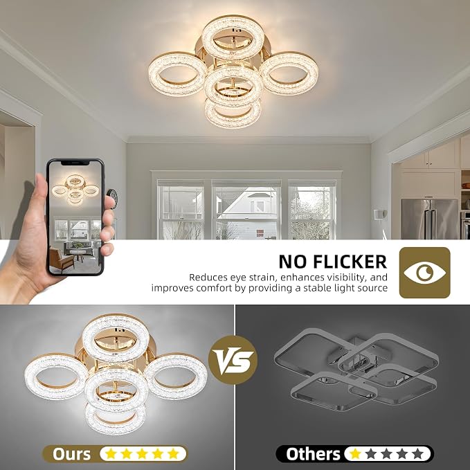 Modern Ceiling Light, 5 Rings 16.9'' Dimmable LED 49W Flush Mount Ceiling Lights with Remote Acrylic Crystal Round Ceiling Light Fixture, Bedroom Living Room Dining Room, Gold - Image 5