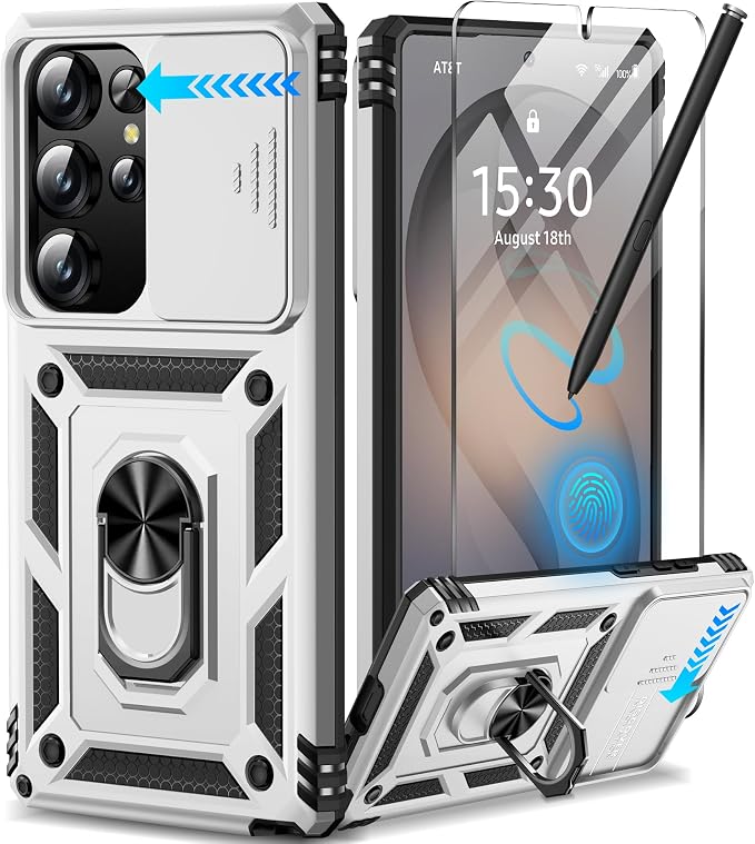 Taisairu for Samsung Galaxy S26 Ultra Case with Screen Protector & Slide Camera Lens Cover, Built-in Ring Stand Shockproof Protective Phone Case for Samsung S26 Ultra Case (Silver) by Taisairu