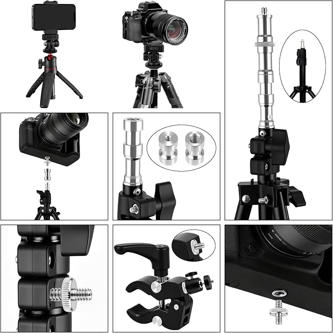 30Pack Camera Tripod Screw Mount Kit, 1/4" & 3/8" Camera Screw Adapter | with Ball Head, Cold Shoe Mount, Phone Clamp, Flash Hot Shoe Adapter for Camera, Tripod, Ring Light, Mic & LED Video Light - Image 7
