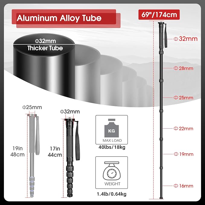 TONYBOO 68.5” Aluminum Camera Monopod,Lightweight & Portable, 5-Section Travel Monopod, Max Load 33 lbs for DSLR/Mirrorless Cameras, Camcorders, Compatible with Canon Nikon Sony - TA-6L - Image 2