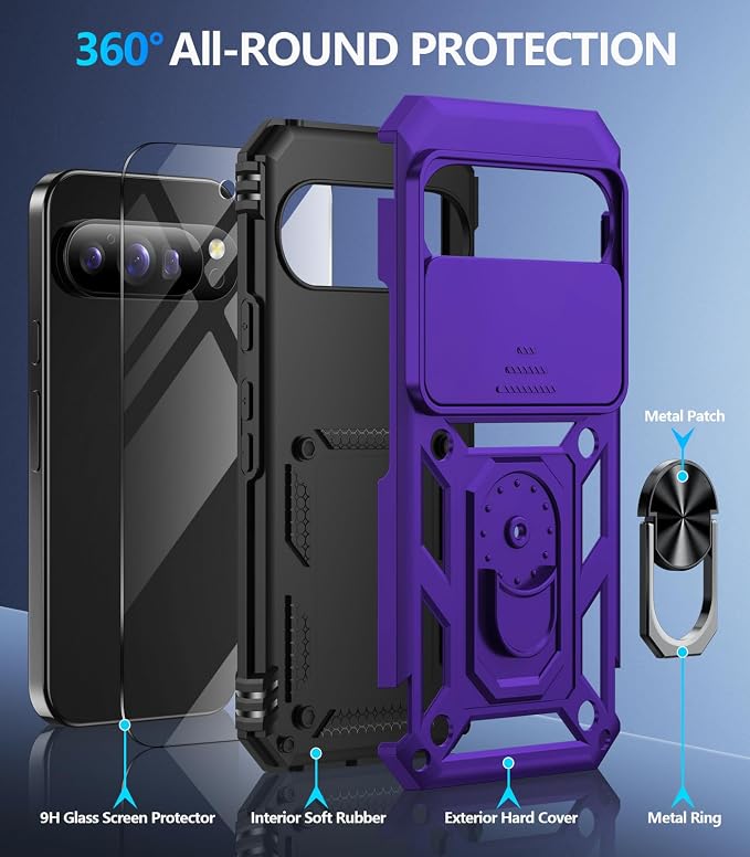 Taisairu for Google Pixel 10 Case/Pixel 10 Pro Case with Screen Protector & Slide Camera Lens Cover,Built-in Ring Stand Protective Phone Case for Pixel 10 Case/Google Pixel 10 Pro Case (Purple) - Image 2