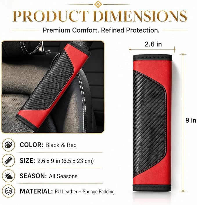 Carbon Fiber PU Leather Seat Belt Covers - 2Pcs, Black and Red Sporty Seat Belt Pads, Universal Fit for Car Truck SUV - Image 2