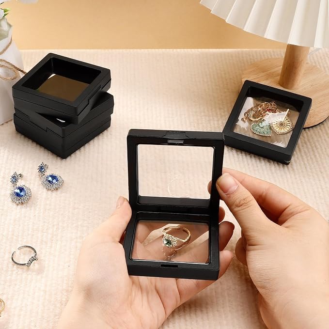 12 Pcs 3D Floating Frame Display Stand, Transparent Jewelry Gift Boxes | 2.75 x 2.75 x 0.8 Inch Small Jewelry Gift Boxes with PE Film, for Earrings Necklaces Rings Coins Specimens Crafts, Black - Image 4
