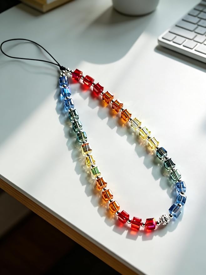 2 Pcs Phone Charm Strap Hand Wrist Strap Camera Lanyard Pearl Beaded Cute Chain String Accessories Universal for iPhone 17 Pro Max 16 15 Women Girls Keychain Bling Rainbow Multicolor and Silver Star - Image 4