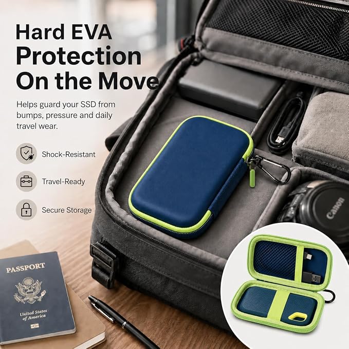 SSD Case for SanDisk Extreme Portable SSD & Extreme PRO, Hard Shell Protective Storage Bag with Carabiner, Fits 1TB 2TB 4TB 8TB External Solid State Drive for Business Travel (Green) | Elastic Strap Secures the SSD, Mesh Pocket Organizes Cables, Carabi... - Image 5