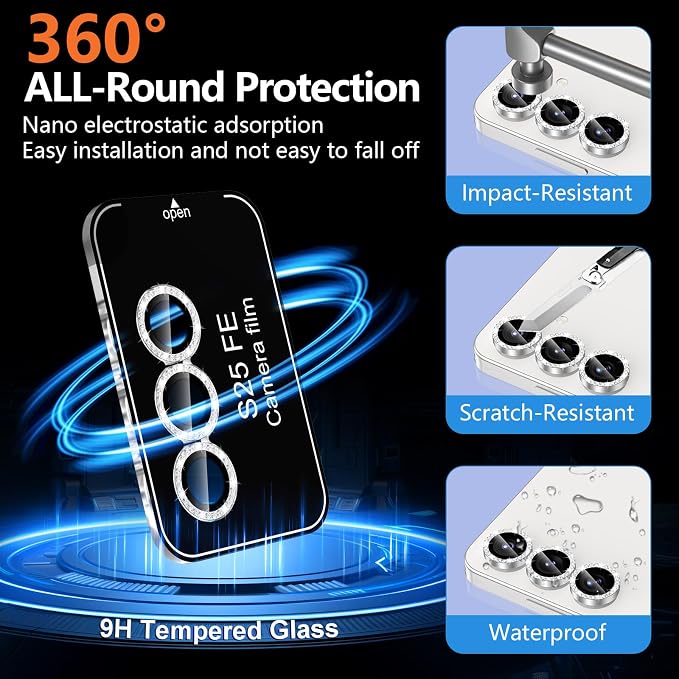for Samsung Galaxy S25 FE Camera Lens Protector, Individual Metal Ring Tempered Glass Lens Cover, [Strong Adsorption] Scratch Resistant Ultra-Thin HD Clear Lens Cover, 1 Set-Slivery Diamond - Image 2