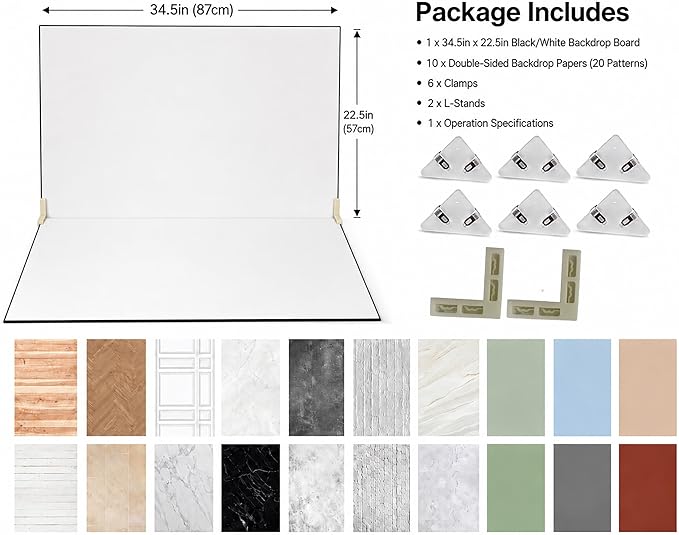 Product Photography Backdrops 22.5x34.5in, Photo Backdrop Board Kit with 10Pcs 20Patterns Double-Sided Background Paper, Food Photography Backdrops, Tabletop Photo Backdrop for Food Jewelry Cosmetics - Image 2