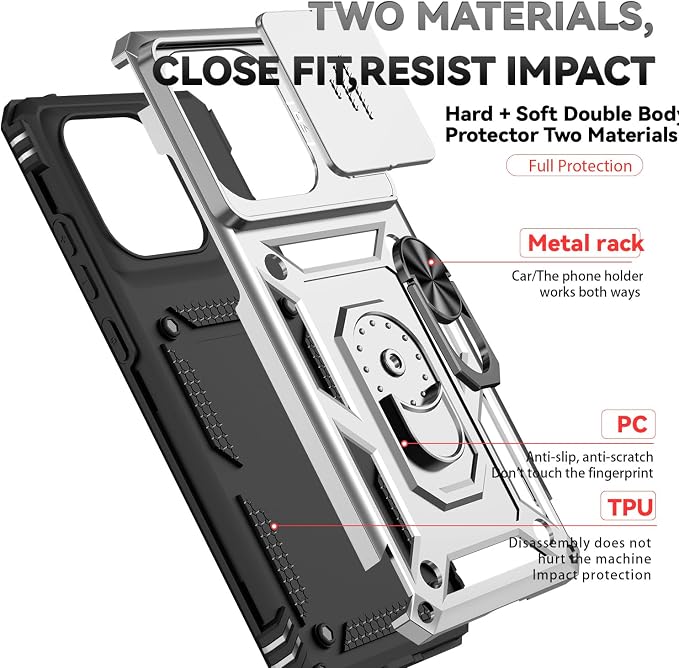 SunStory Compatible with Motorola Moto Edge 2025 Case with HD Screen Protector & Slide Camera Cover & Rotated Ring Kickstand, [Military-Grade] Phone Case for (Silver, Moto Edge 2025) - Image 8