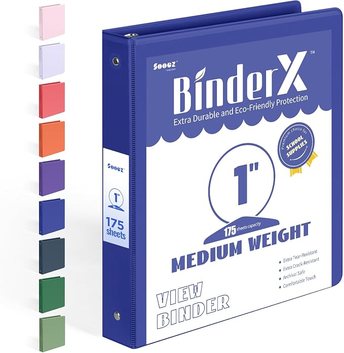 BinderX Extra Durable 3 Ring Binder, Round Rings 1 Inch Binder | Fits 175 Sheets of 8.5x11 Paper, Customizable View Cover with Inside Pockets, Cute 1" Binders, 1 Inch 1 Pack, Royal Blue by Sooez