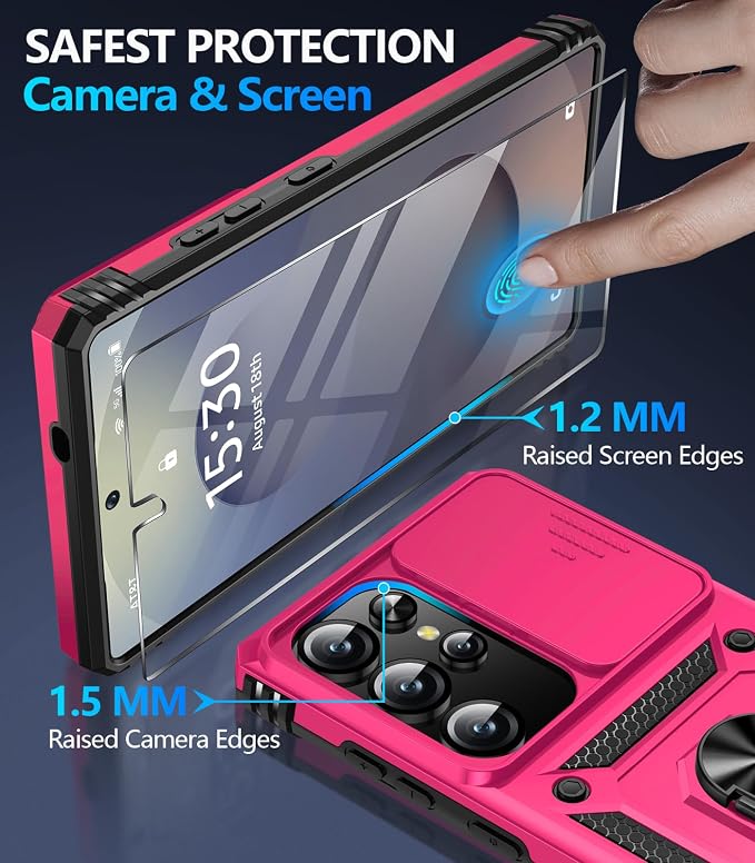 Taisairu for Samsung Galaxy S25 Ultra Case with Screen Protector & Slide Camera Lens Cover, Built-in Magnetic Ring Stand Shockproof Protective Phone Case for Samsung S25 Ultra Case (Hot Pink) - Image 7