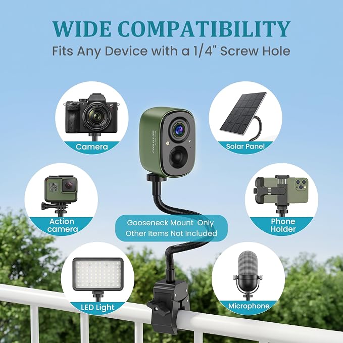 Gooseneck Clamp Camera Mount with 1/4" Screw, Flexible 30cm Arm | Clip Mounts for Handlebar, Desk, Tube, Cross Bar | Compatible with Go Pro, Ring, Google Nest, Wyze, and Arlo - Image 5