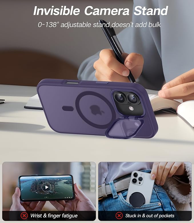VOFATA [Upgraded Full Camera Protection] for iPhone 17 Case with Camera Cover Stand [Fit for MagSafe][10FT Mil-Grade Protection] Translucent Magnetic iPhone 17 Phone Case, Purple - Image 4