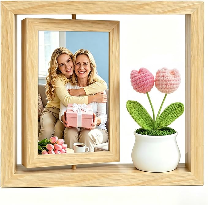 4x6 Rotating Picture Frame Desktop with Crochet Pink Tulip, 4x6 Double-Sided Display Vertical Photo- 2026 Graduation Gift for Girls Her Teacher Tulip Flower Gifts for Mom Women Office Desk Cute Decor by Aosemili