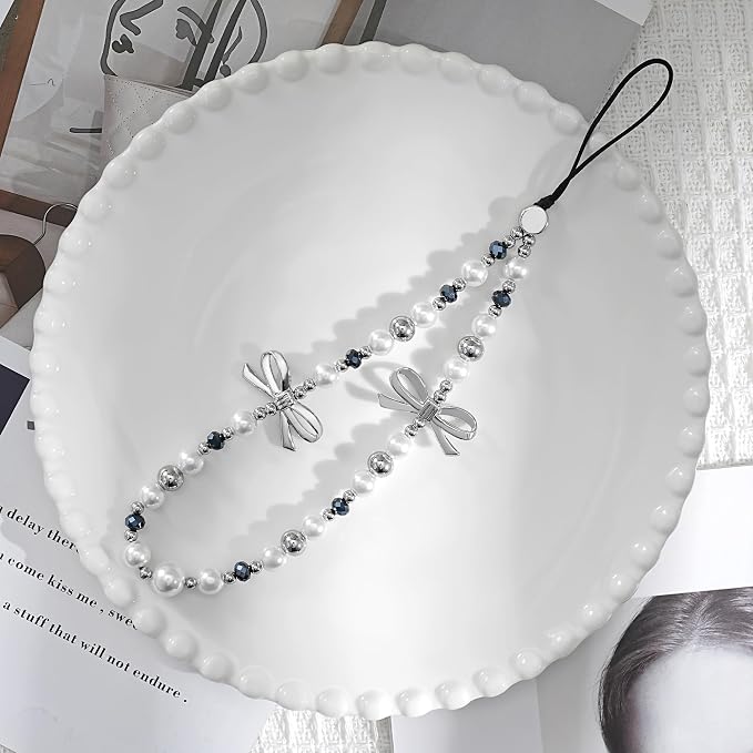 Cell Phone Charm Strap Pearl Beaded Elegant Dark Crystal Camera Lanyard Wrist Luxury Aesthetic Cute Chain Bracelet Handmade Chic Wristlet Accessories for iPhone Samsung Women Girls Silver Bow Faux - Image 9