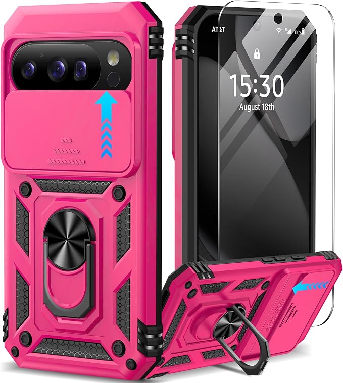 Taisairu for Google Pixel 10 Case/Pixel 10 Pro Case with Screen Protector & Slide Camera Lens Cover,Built-in Ring Stand Protective Phone Case for Pixel 10 Case/Google Pixel 10 Pro Case (Hot Pink) by Taisairu