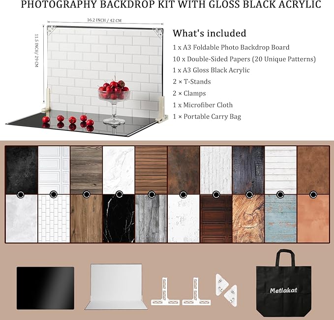 Food Photography Backdrops, 10 Pcs 20 Patterns | Gloss Black Acrylic, Photo Backdrop Board, Waterproof, Tabletop Small Shooting Kit - Image 2