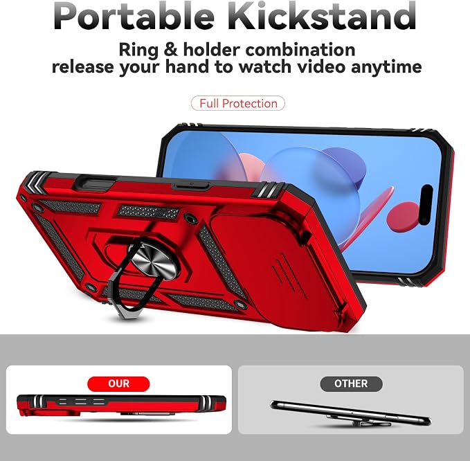 SunStory Phone Case for iPhone 17 Pro Max Case with HD Screen Protector & Slide Camera Cover & Rotated Ring Kickstand, [Military-Grade] Phone Case for iPhone 17 Pro Max, Red - Image 2