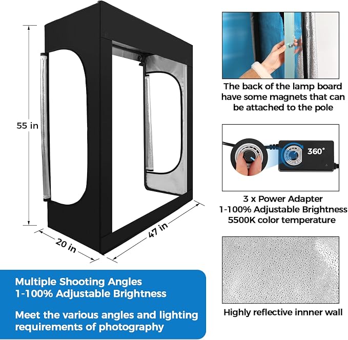 Photo Light Box, Portable 47"x20"x55" Photo Studio Light Box, Shooting Tent Kit with 576 Light Beads and 3 Color Backdrops. Large Lightbox with 6 Stepless Dimming Light Boards for Photography - Image 4