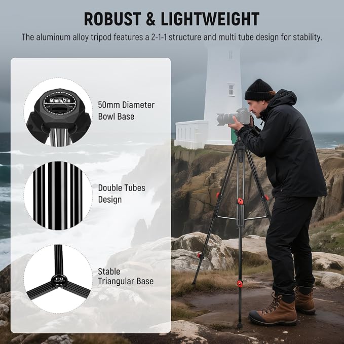NEEWER Video Tripod with Fluid Head, Heavy Duty Aluminum Compact Portable Camera Tripod Stand for DSLR Camcorder Compatible with DJI Gimbals Compatible with Manfrotto QR Plates, Max Load 13.2 lb, TP73 - Image 6